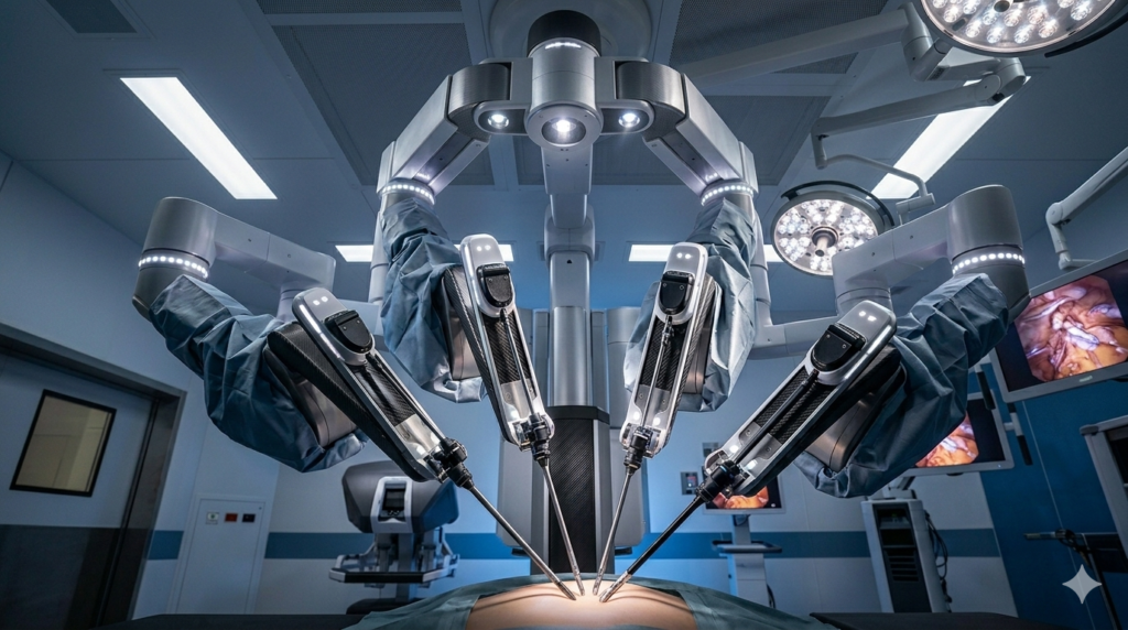 Visão em ângulo inferior de quatro braços robóticos do sistema Da Vinci Xi com LEDs brancos focados sobre o abdômen de um paciente em cirurgia gastrointestinal moderna.