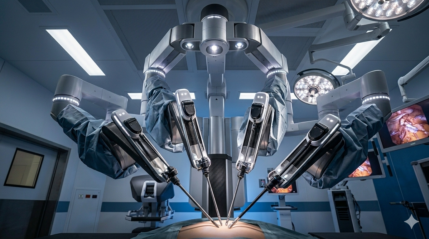 Visão em ângulo inferior de quatro braços robóticos do sistema Da Vinci Xi com LEDs brancos focados sobre o abdômen de um paciente em cirurgia gastrointestinal moderna.